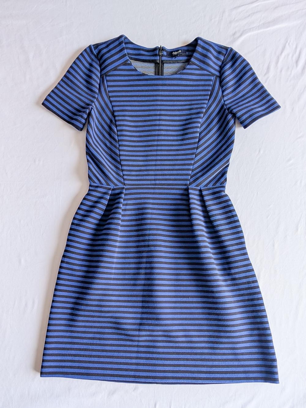 Madewell Blue Black Striped Knit Fit & Flare Dress 0 Short Sleeve Knee Zip